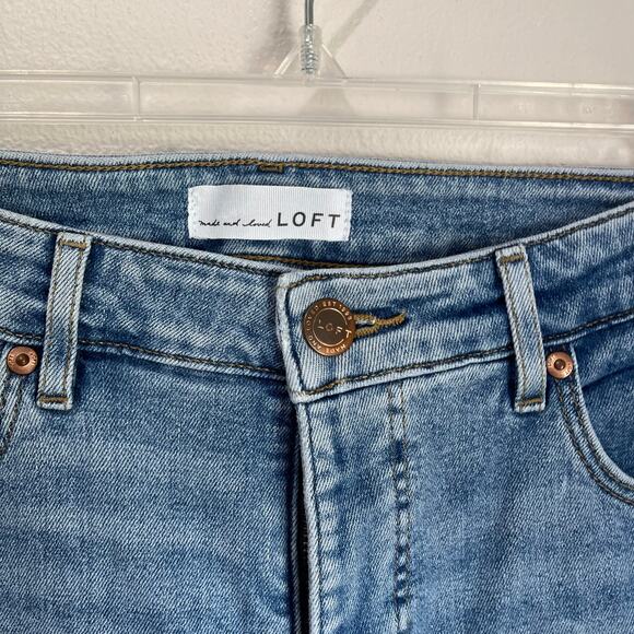 Loft Curvy High Rise Flare Crop Blue Jeans Raw Hem Stretch Denim Sz 30/10 - Picture 7 of 9